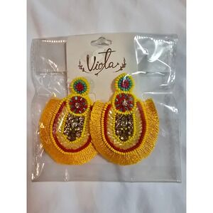 Viola Yellow Beaded Fringe Statement Earrings Boho Embroidered Crystal Drop NEW